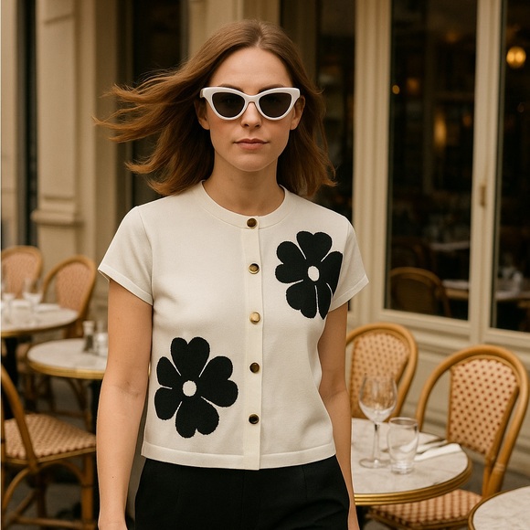 Aleeza Paris Black & Cream Floral Button-Down Sweater Cardigan (L) - Picture 3 of 12